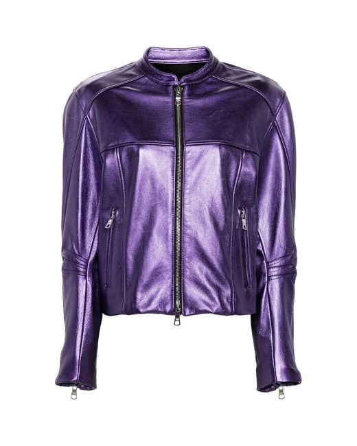 LAQUAN SMITH Purple Metallic Leather Bomber Jacket