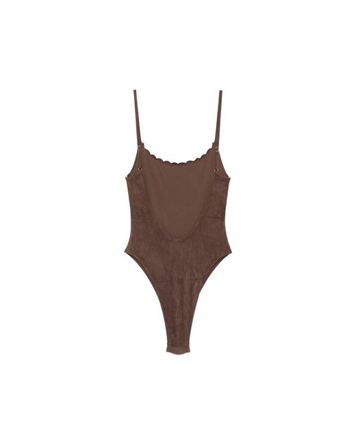 Frankie's Bikinis Brown Juliet Scalloped Embroidered Swimsuit