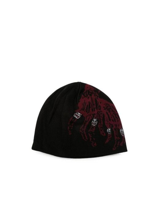 THUG CLUB Black Graphic-Knit Skull-Patch Beanie Hat for men