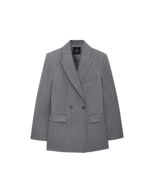 Anine Bing Gray Pinstripe-Pattern Double-Breasted Blazer