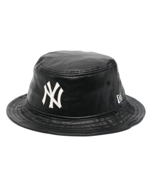 KTZ Black Embroidered-Logo Leather Bucket Hat for men