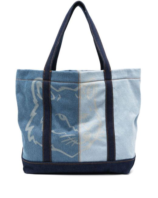 Maison Kitsuné Blue Medium Fox Head Denim Tote Bag
