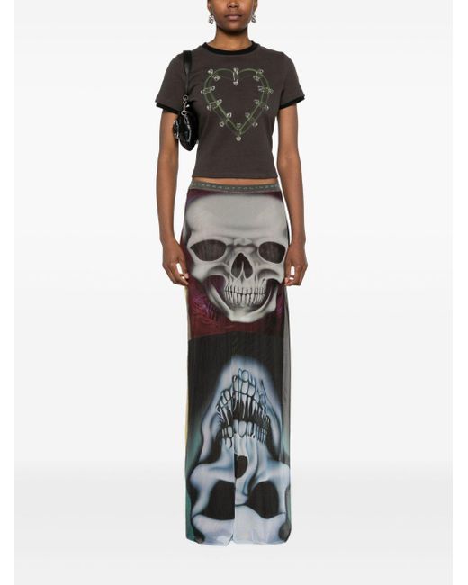 OTTOLINGER Gray Skull-Print Mesh Midi Skirt