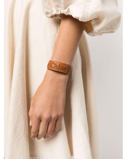 Chloé Brown Embroidered-Logo Leather Bracelet