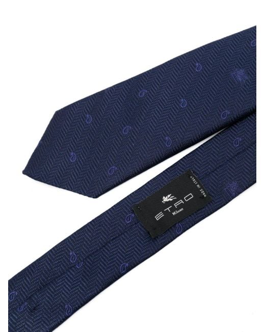 Etro Blue Paisley Patterned-Jacquard Silk Tie for men