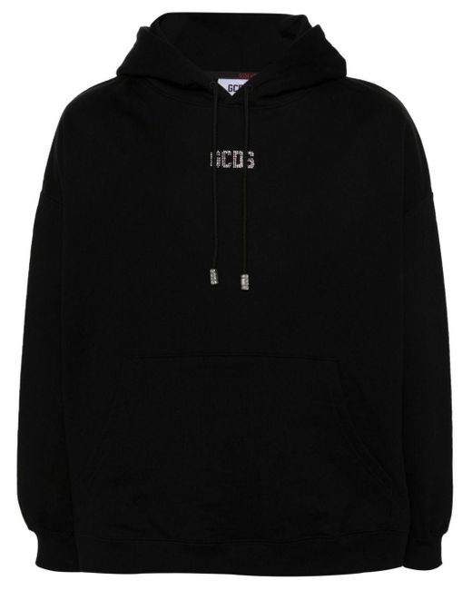 Gcds Black Crystal-Embellished-Logo Cotton Hoodie for men