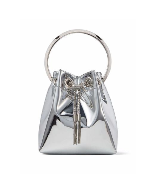 Jimmy Choo Gray Mini Bon Bon Metallic-Effect Bucket Bag