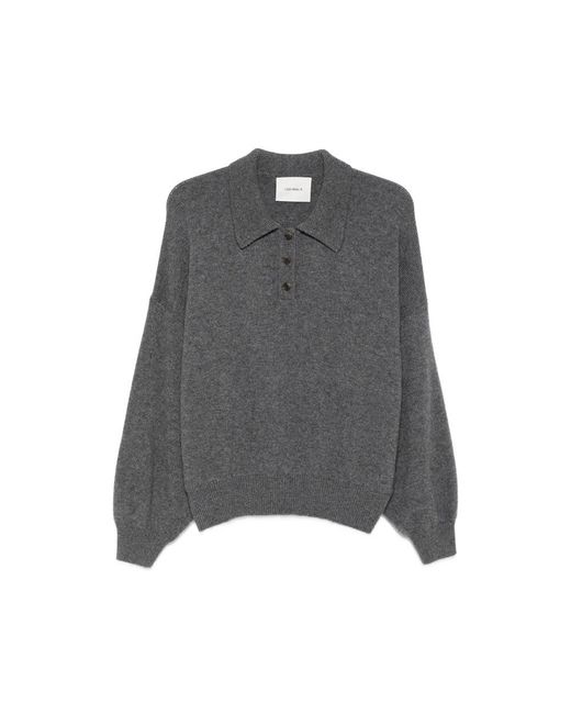 Lisa Yang Gray Etta Button-Fastening Polo-Collar Sweater