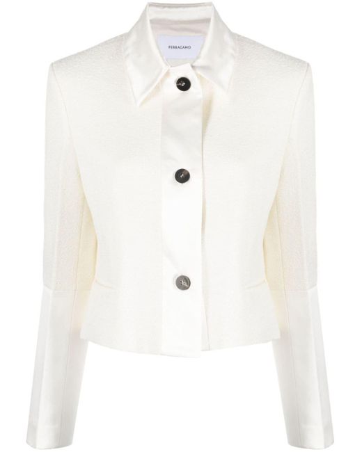 Ferragamo White Silk-Trim Wool-Blend Cropped Jacket