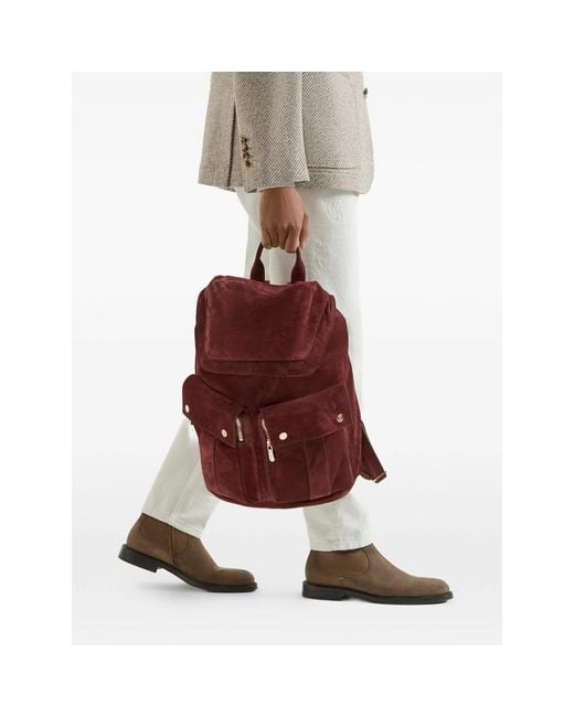 Brunello Cucinelli Red Suede Leisure Backpack for men