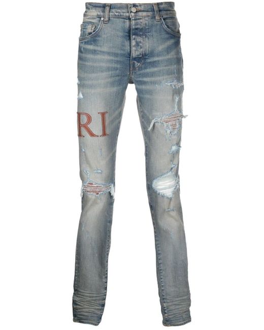 Amiri Leather-stitch Logo Skinny Jeans in Blue for Men | Lyst