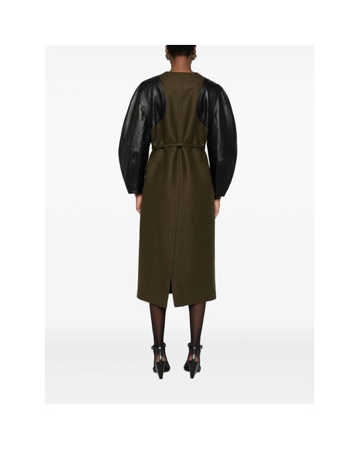 Fendi Green Leather-Sleeves Wool Coat