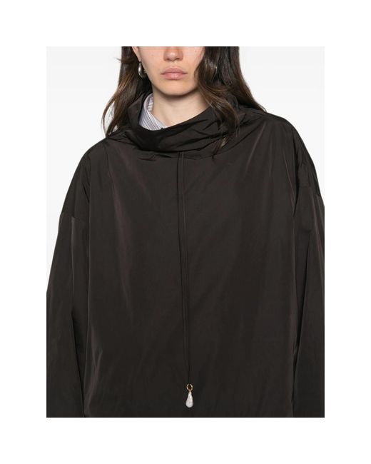 Carven Black Pearl-Pendant Funnel-Neck Raincoat