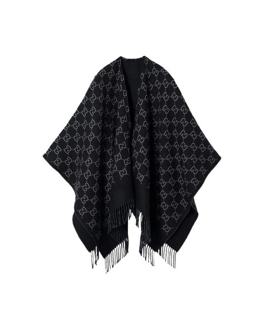 Gucci Black Gg-Pattern Fringed Poncho