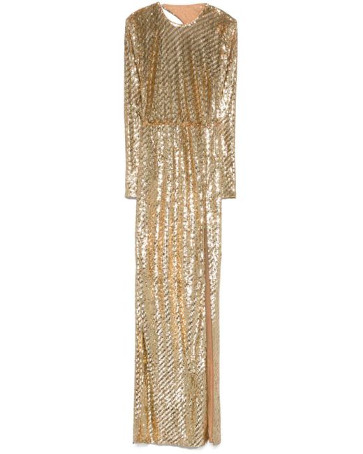 Elisabetta Franchi Metallic Sequin-Embroidered Cut-Out Gown