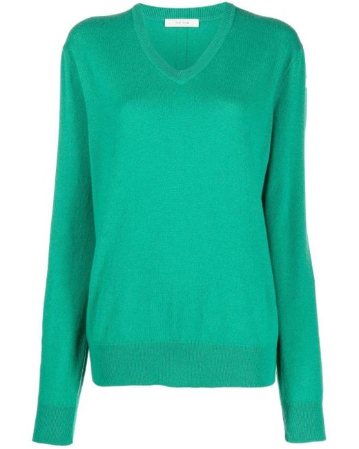 The Row Green V-neck Cashmere Sweater
