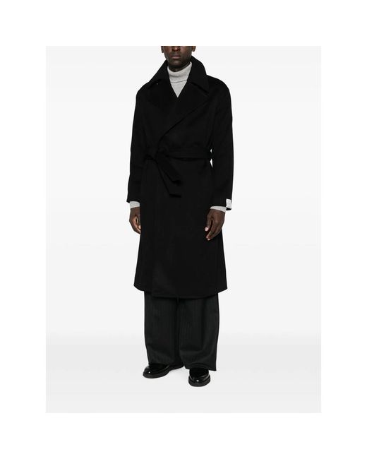 Caruso Black Belted Notch-Lapels Coat for men