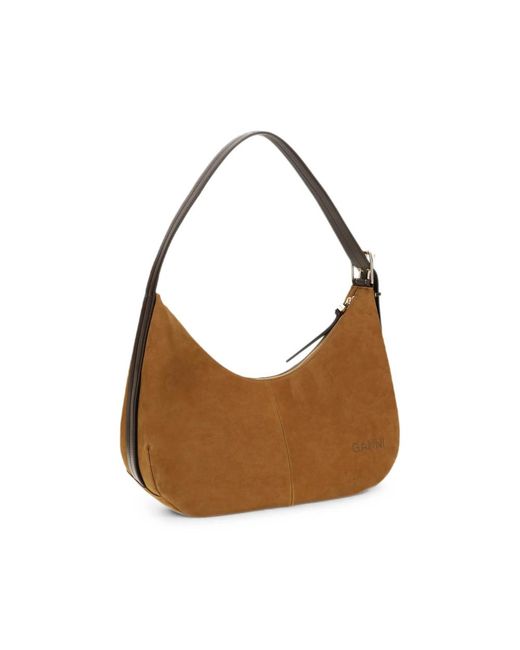 Ganni Brown Logo-Plaque Suede Shoulder Bag