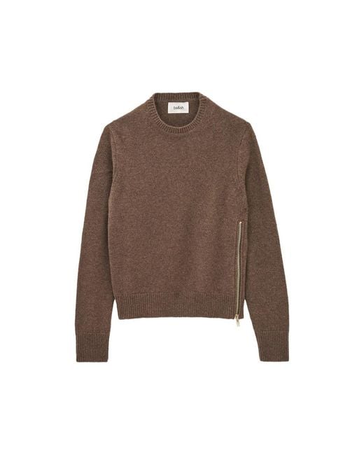 Ba&sh Brown Zip-Detail Ribbed-Trim Sweater