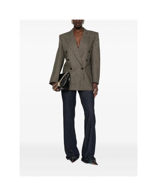 Saint Laurent Brown Herringbone-Pattern Double-Breasted Blazer