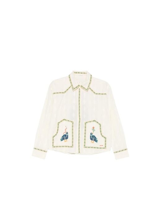 Mother White Bird Embroidery Button-Down Top
