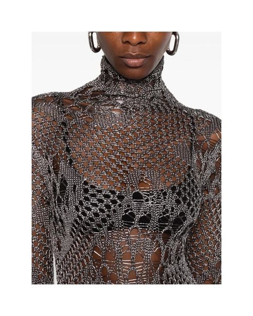 Dondup Brown Open-Knit Long-Sleeved Midi Dress