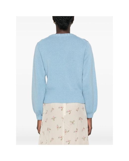 Allude Blue Ribbed-Knit Crew Neck Sweater