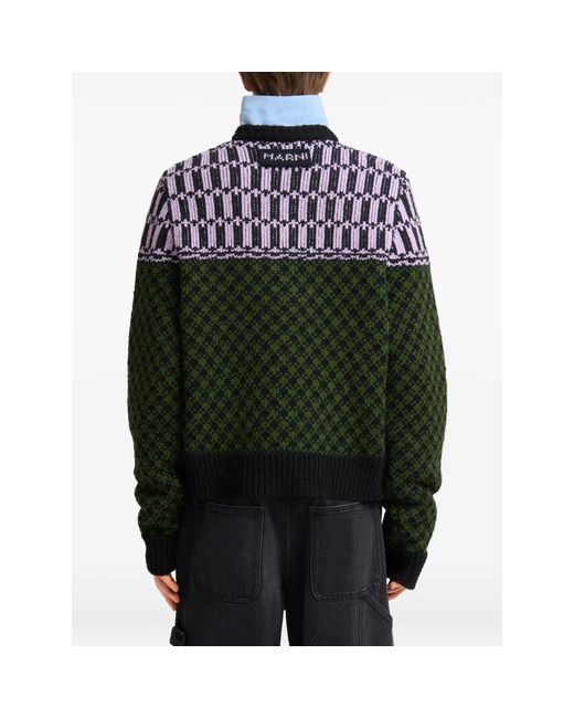 Marni Green Jacquard-Knit Geometric-Motif Sweater for men