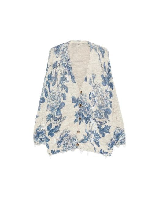 R13 Blue Floral-Print Distressed Cardigan for men