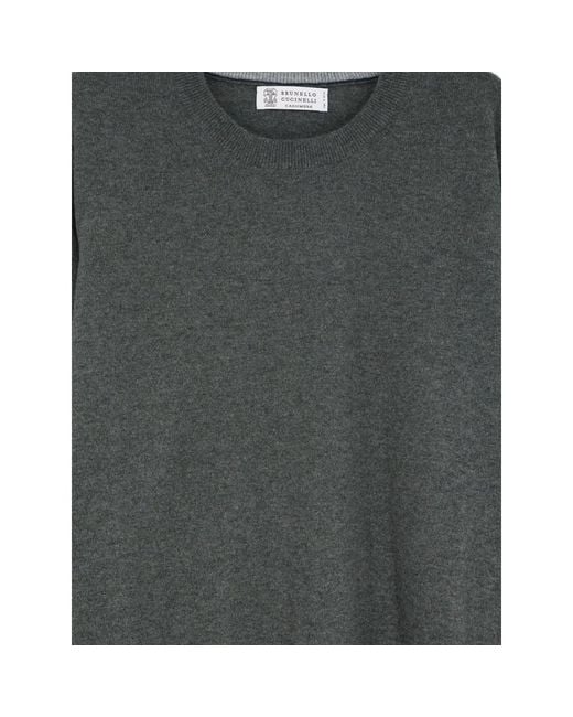 Brunello Cucinelli Gray Crewneck Ribbed-Trim Sweater for men