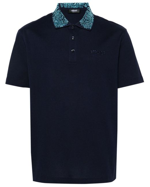 Versace Blue Glass Crystal-Embellished Polo Shirt for men
