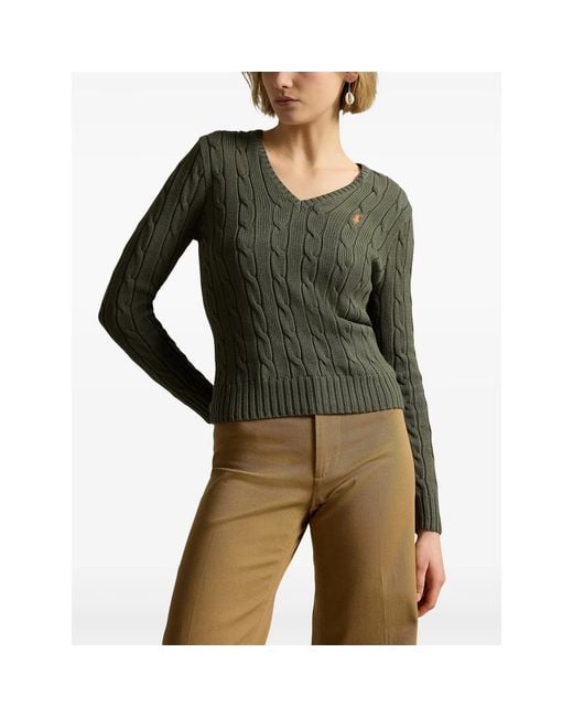 Ralph Lauren Green Cable-Knit V-Neck Sweater
