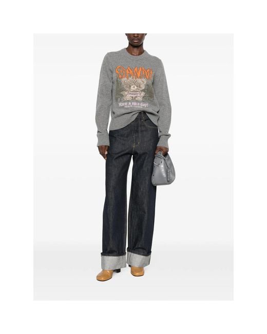 Ganni Gray Graphic-Intarsia Sweater