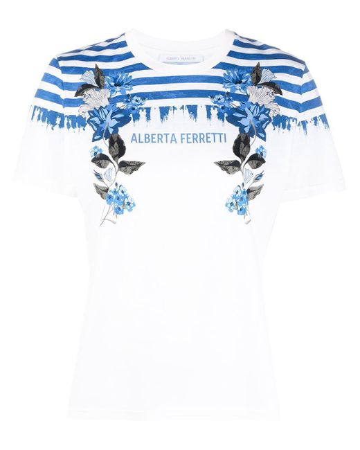 Alberta Ferretti Blue Logo-print Striped T-shirt