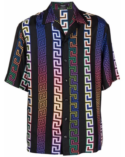 Versace Black Greca Neon-print Silk Shirt for men
