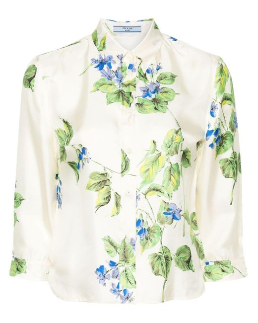 Prada Natural Floral-Print Silk Shirt