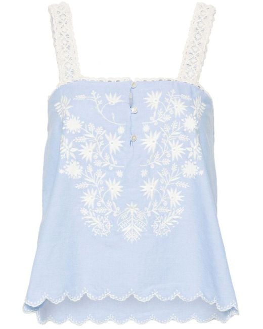 Louise Misha Blue Paradine Floral-Embroidered Top
