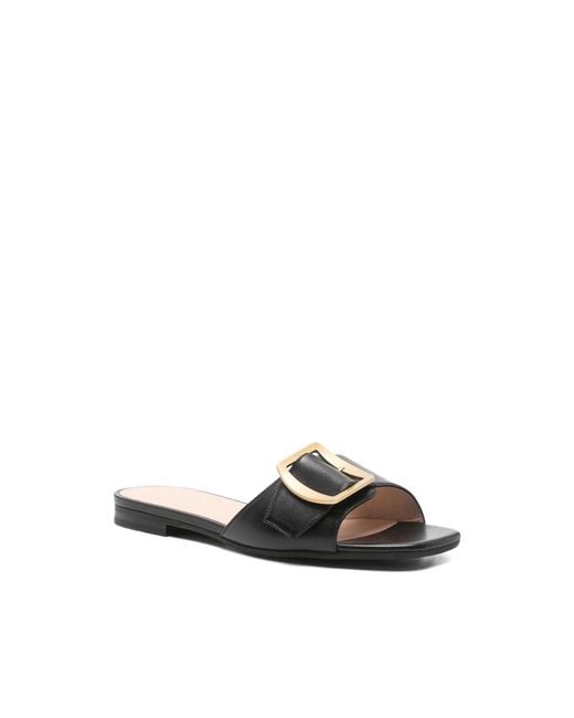 Bally Black Open Toe Flats With-Tone Hardware