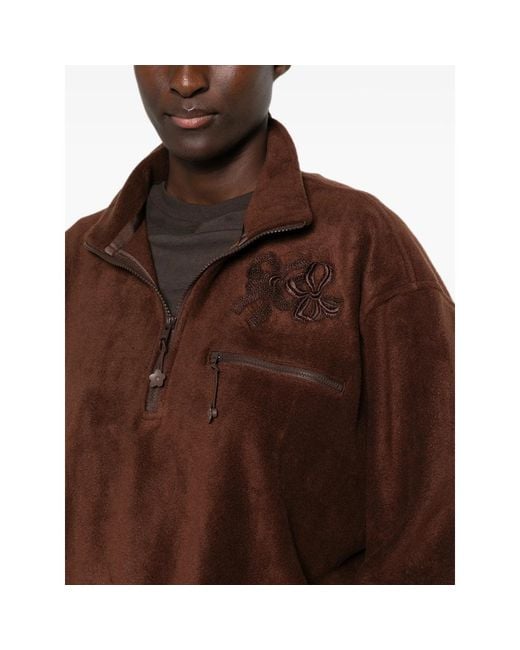 CECILIE BAHNSEN Brown Bow-Embroidered Quarter-Zip Sweater