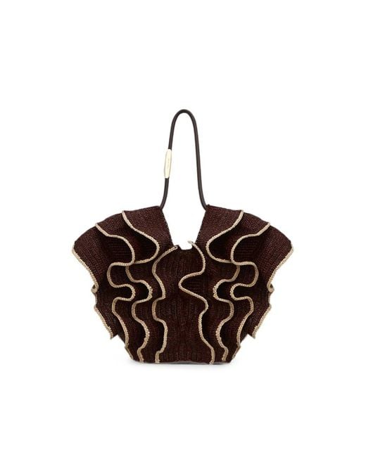 Zimmermann Brown Ruffle-Trimmed Woven Tote Bag