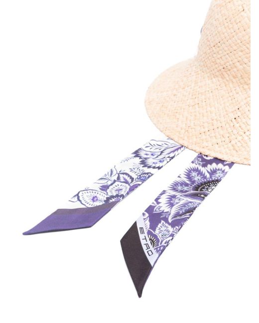 Etro Blue Straw Hat With Silk Scarf