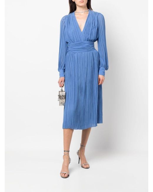 Rochas Blue Plissé-Detail Midi Dress