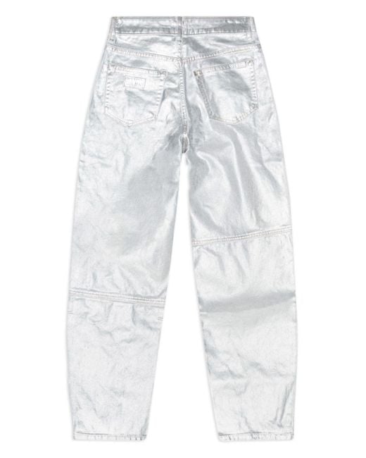 Ganni White Metallic-Finish Organic-Cotton Tapared Jeans
