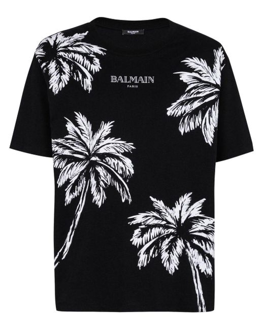 Balmain Black Palm Tree-Print Cotton T-Shirt for men