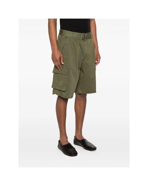 Laneus Green Belted Button Cargo Shorts for men