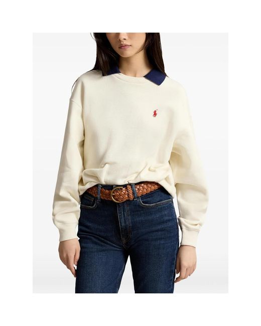 Ralph Lauren White Logo-Embroidered Contrast-Collar Sweater