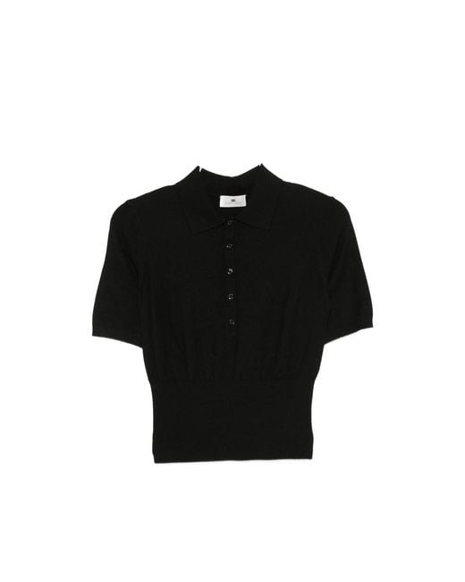 Elisabetta Franchi Black Ribbed-Knit Short-Sleeve Polo Shirt