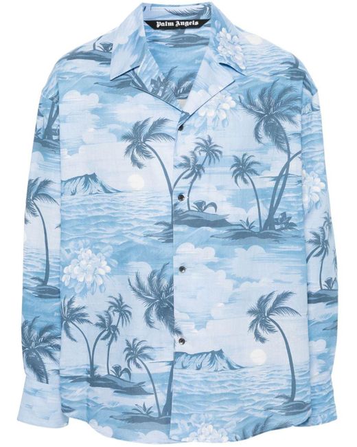 Palm Angels Blue Sunset-Print Bowling Shirt for men