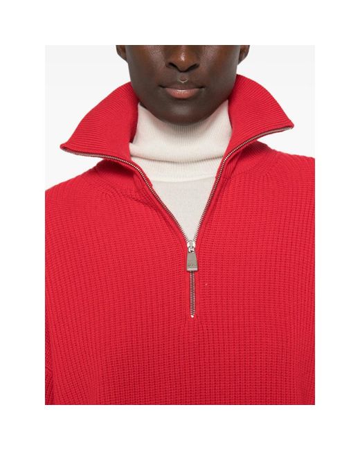 Malo Red Ribbed-Knit Half-Zip Sweater