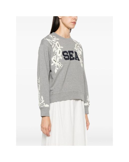 Sea Gray Floral-Embroidered Sweatshirt